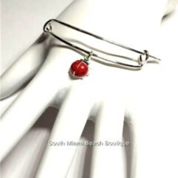 Ladybug Charm Bracelet Lady Bug Red Enamel Wire Adjustable Silver Plated - Picture 6 of 10